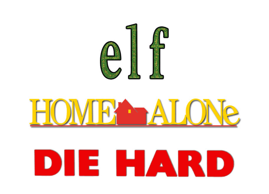 Movie logos for Elf, Home Alone and Gremlins