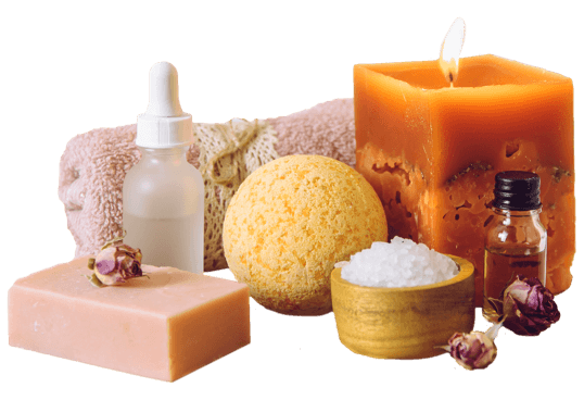 Spa towel, candle, soap, oils, sponge and bath salt